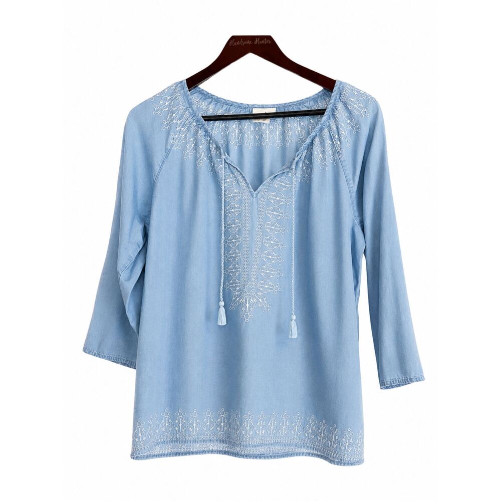 J Jill Denim Womens Chambray Embroidered Top Size M Blue Long Sleeve Tassel Boho - Picture 2 of 10